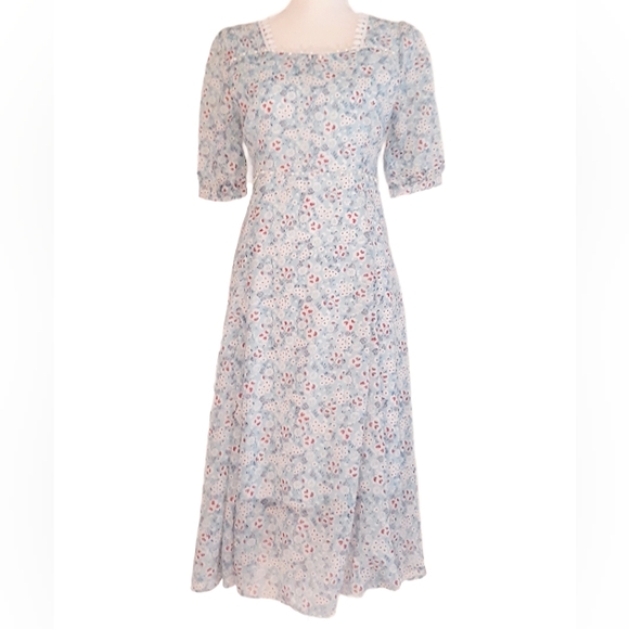 Vintage Blue Floral Print Liberty Dress Sz Small - Puff Sleeves Pearl Trim Dress - Picture 2 of 13